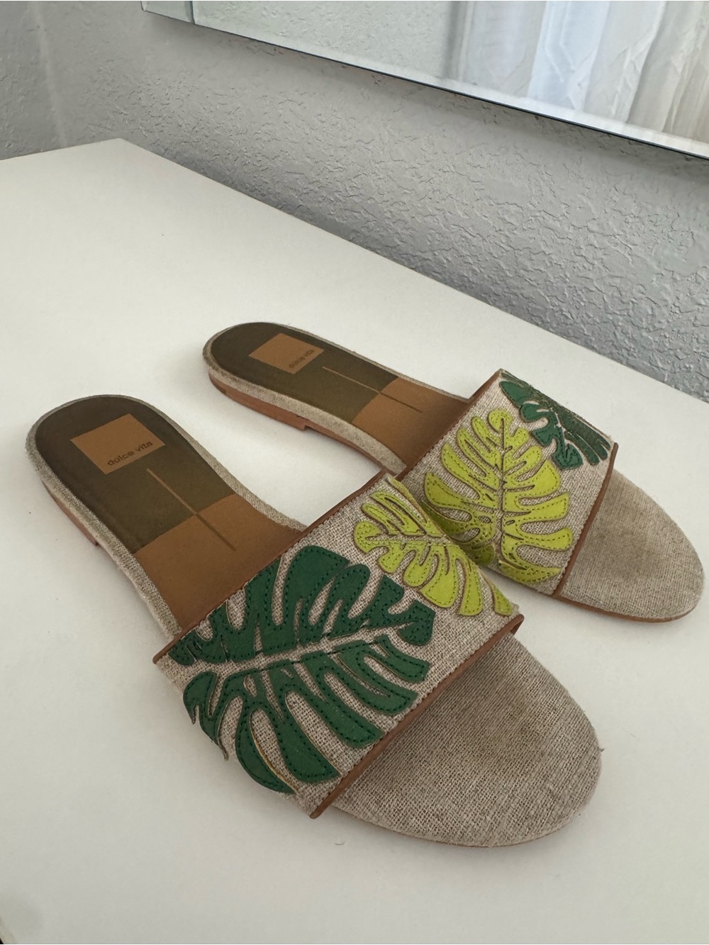 Dolce Vita Beige Slide Sandals with Green & Lime Leaf Embroidery